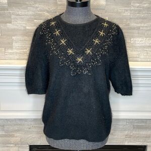Vintage  Calavini 70s Black Angora Sweater Short Sleeve Beaded Venetian Lace M